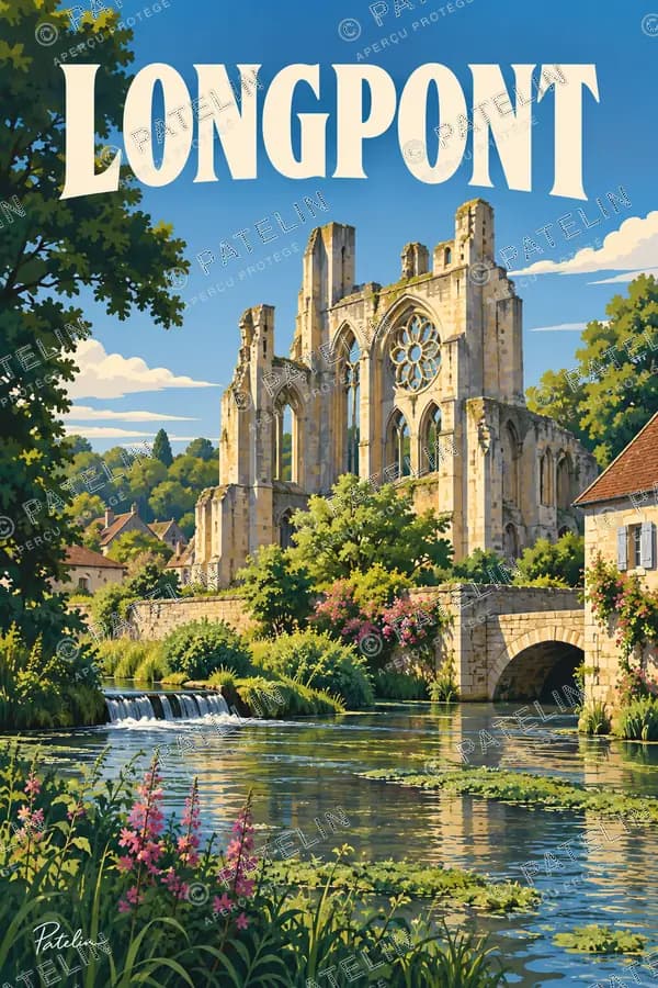 Illustration Longpont — Les ruines de l’abbaye au fil de l’eau, style Pop