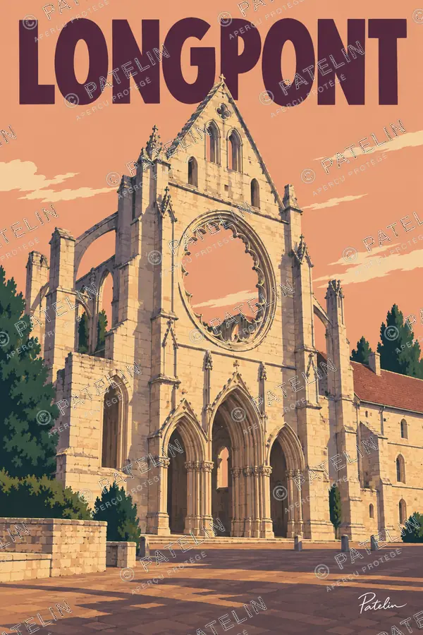 Illustration Longpont — La rosace et les pierres de l’abbaye, style Pop
