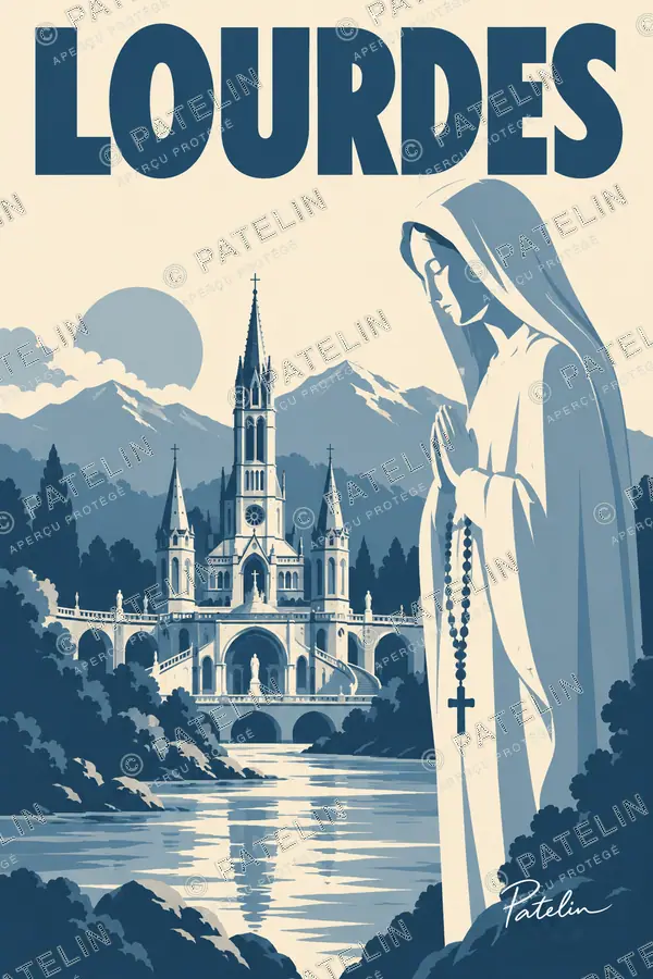 Illustration Lourdes — Le sanctuaire et la Vierge, style Minimal