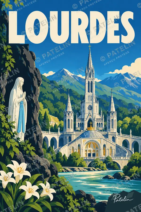 Illustration Lourdes — Le sanctuaire au pied des montagnes, style Pop