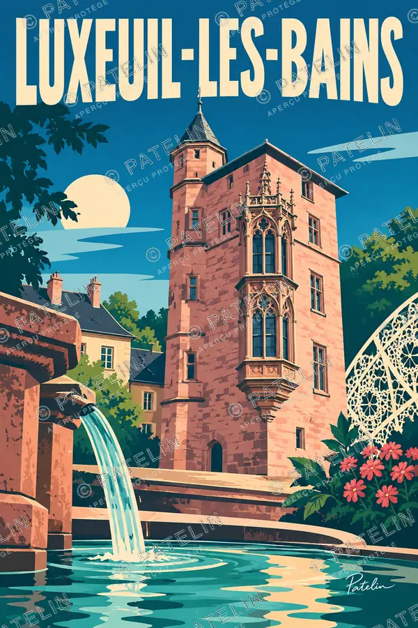 Illustration Luxeuil-les-Bains — La tour des Échevins et la fontaine, style Pop