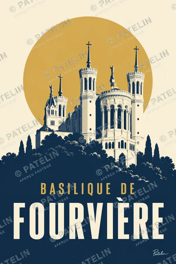 Illustration Lyon — La basilique de Fourvière au soleil, style Minimal