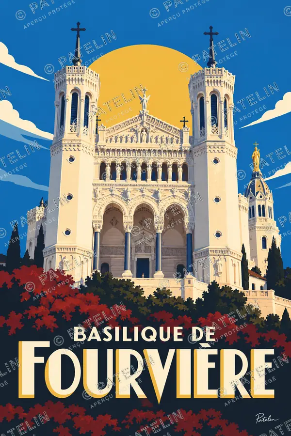 Illustration Lyon — La basilique de Fourvière au soleil, style Pop