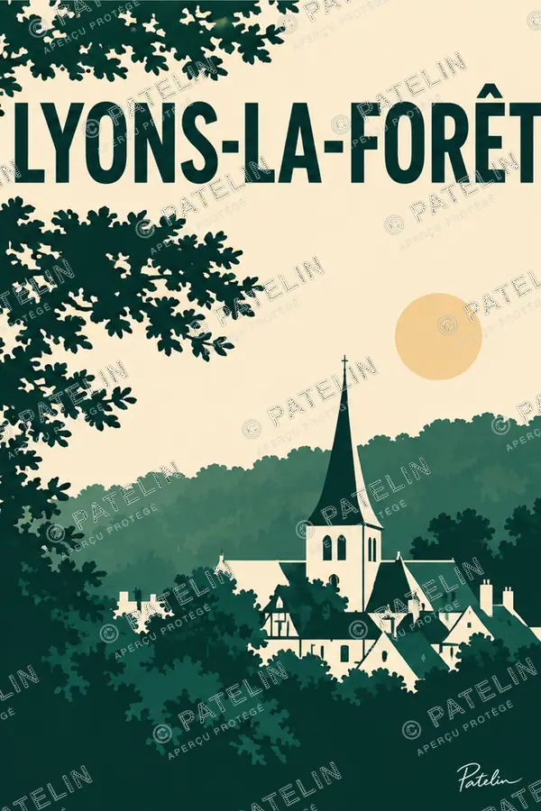 Illustration Lyons-la-Forêt — Le clocher dans la forêt, style Minimal