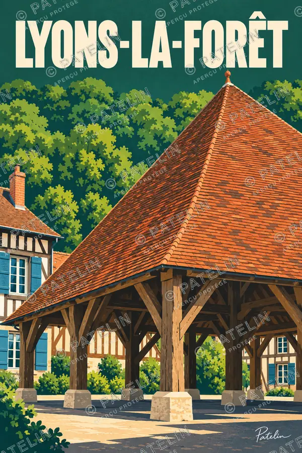 Illustration Lyons-la-Forêt — La halle et les colombages, style Pop