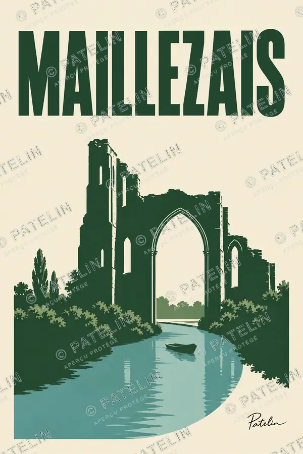 Illustration Maillezais — Les ruines et leurs reflets, style Minimal