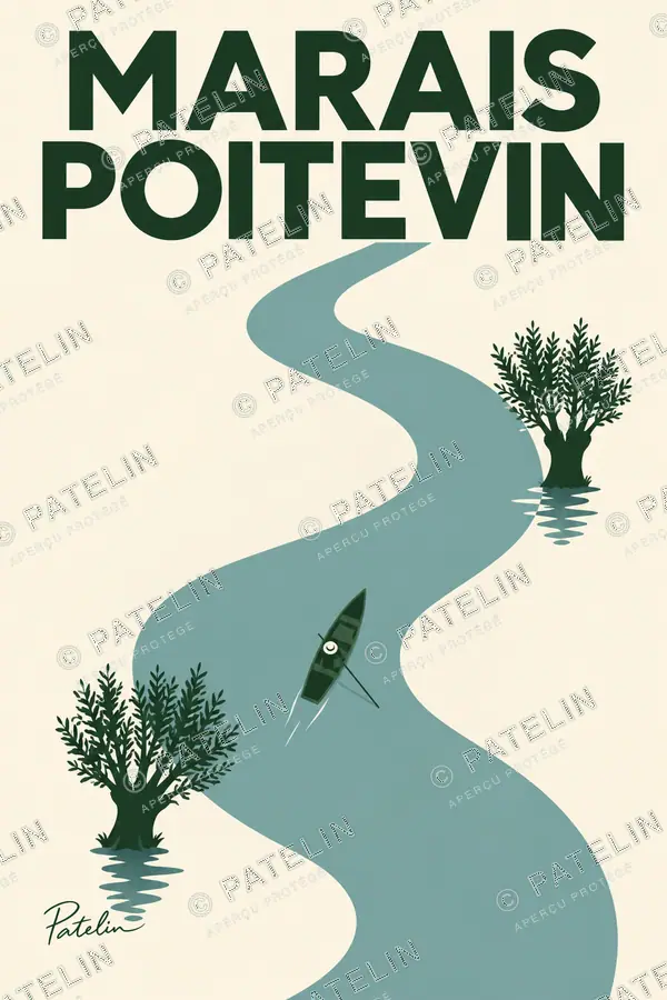 Illustration Marais poitevin — Les canaux et la barque, style Minimal