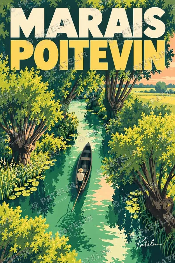 Illustration Marais poitevin — Les canaux et la barque, style Pop