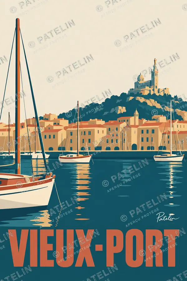 Illustration Marseille — Les bateaux au pied des façades, style Minimal
