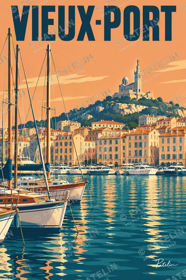 Illustration Marseille — Le Vieux-Port et ses reflets, style Pop