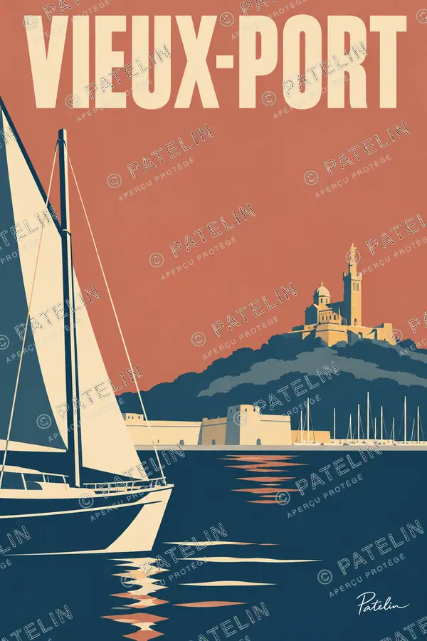 Illustration Marseille — Le voilier face à la colline, style Minimal