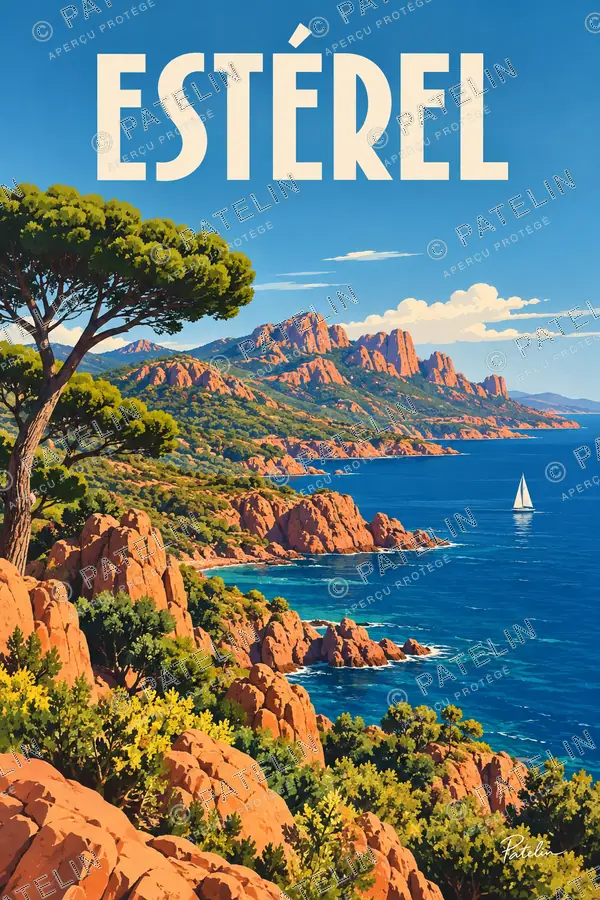 Illustration Massif de l’Estérel — Les pins au-dessus des criques, style Pop