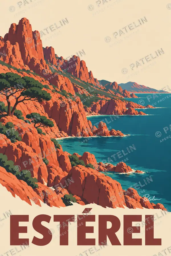 Illustration Massif de l’Estérel — Les falaises rouges et la mer, style Minimal