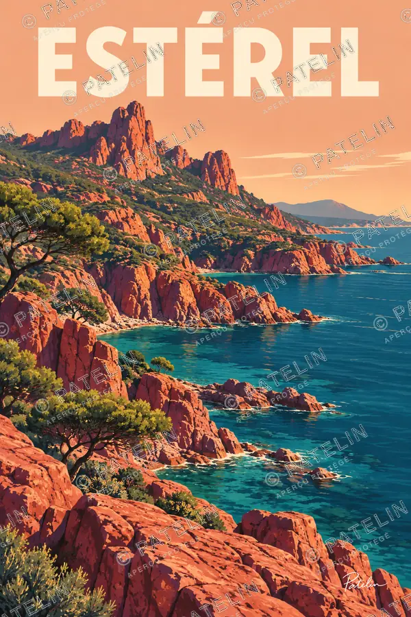 Illustration Massif de l’Estérel — Les roches rouges au bord de la mer, style Pop