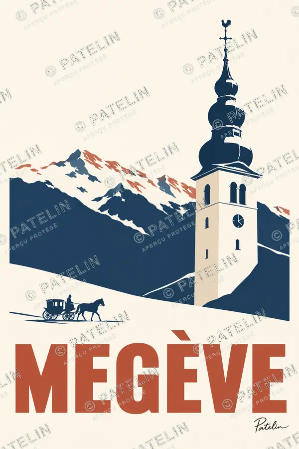 Illustration Megève — Le clocher et la calèche, style Minimal