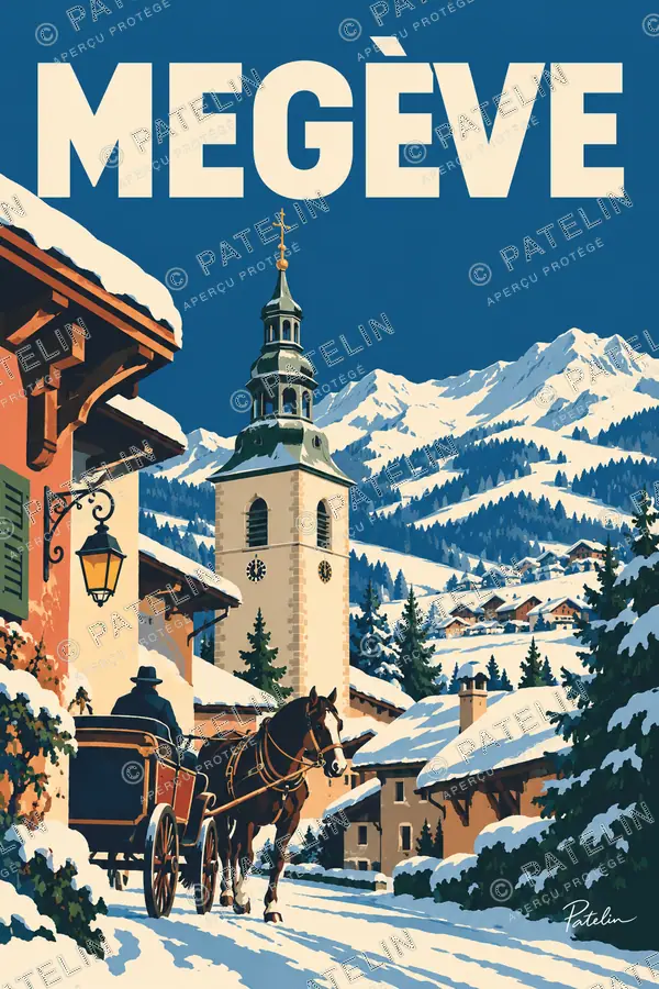 Illustration Megève — La calèche dans le village enneigé, style Pop