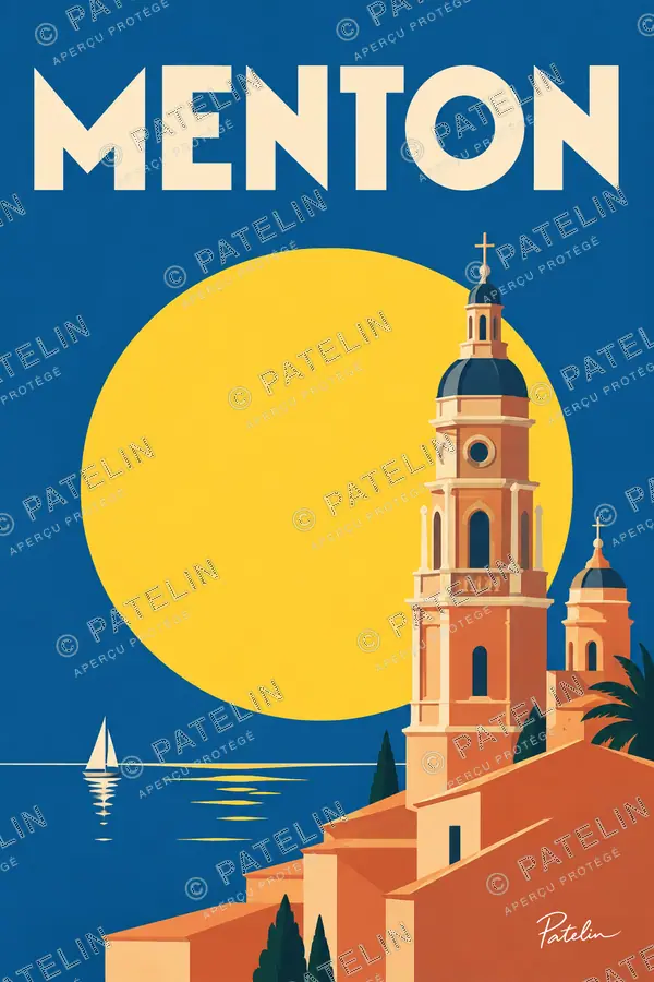 Illustration Menton — Le clocher face au soleil, style Minimal