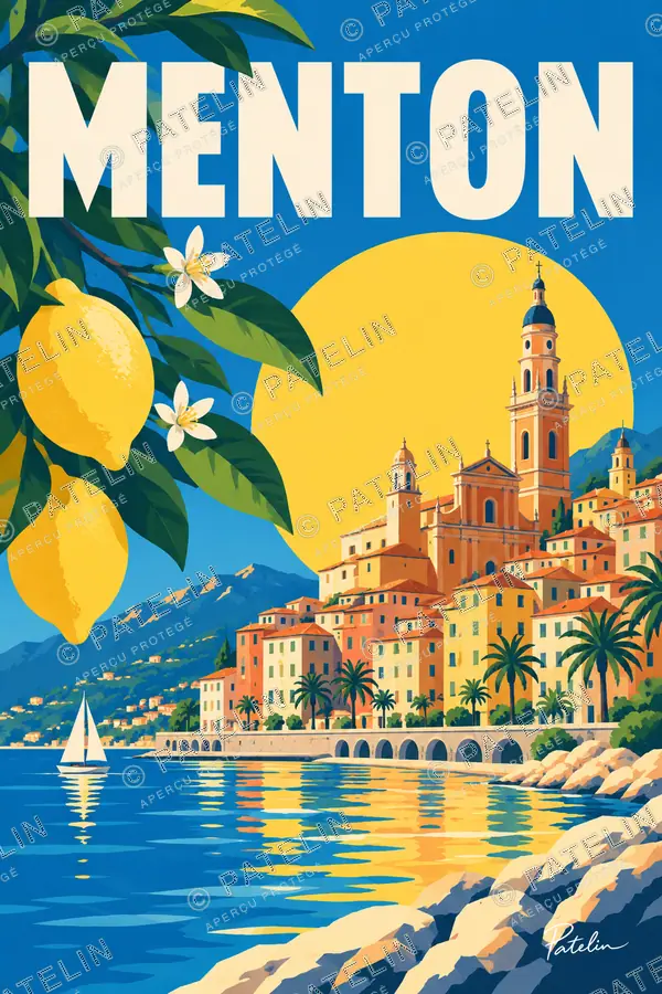 Illustration Menton — Le clocher et les citrons, style Pop