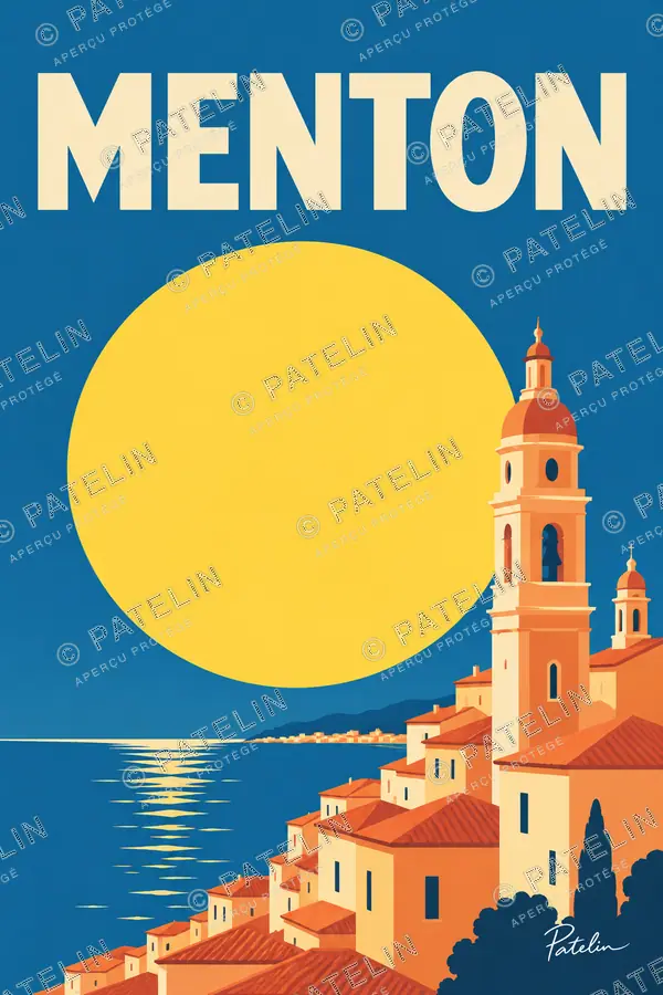 Illustration Menton — Les toits face à la mer, style Minimal