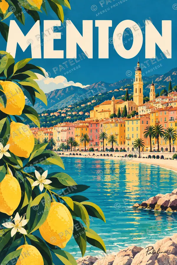 Illustration Menton — Le front de mer et les citrons, style Pop