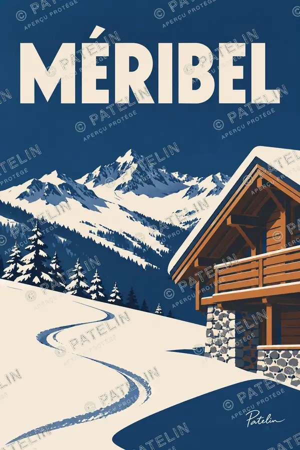 Illustration Méribel — Le chalet et la trace, style Minimal