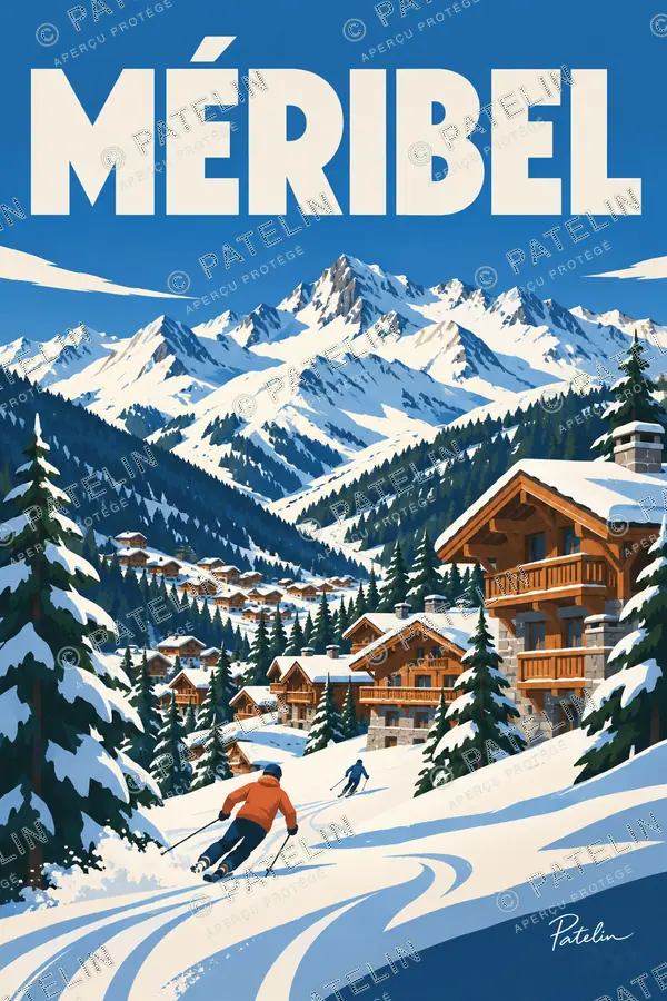 Illustration Méribel — Le skieur entre les chalets, style Pop