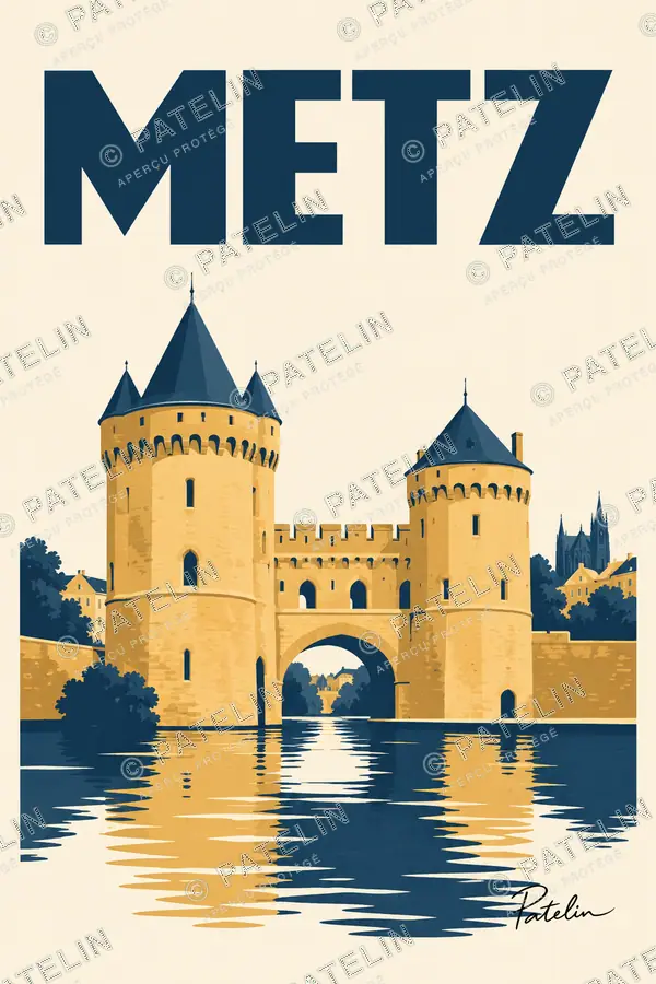 Illustration Metz — La porte des Allemands et ses reflets, style Minimal