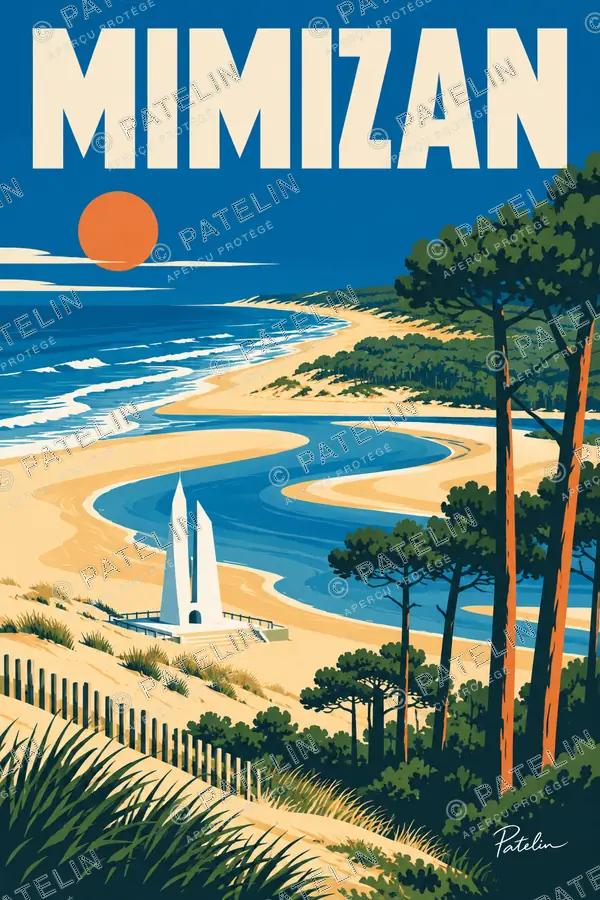 Illustration Mimizan — Le courant, les pins et la plage, style Pop
