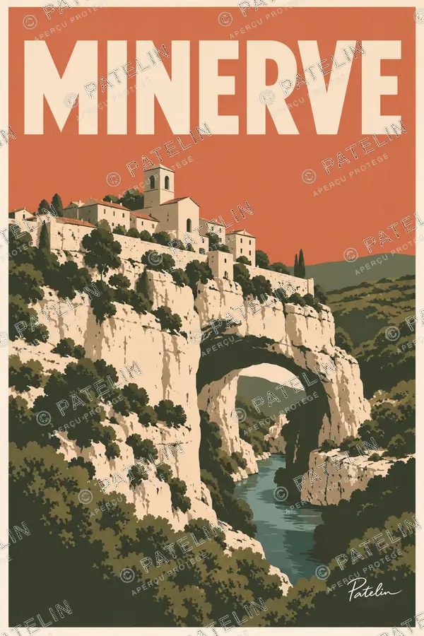 Illustration Minerve — Le village et le pont naturel, style Minimal