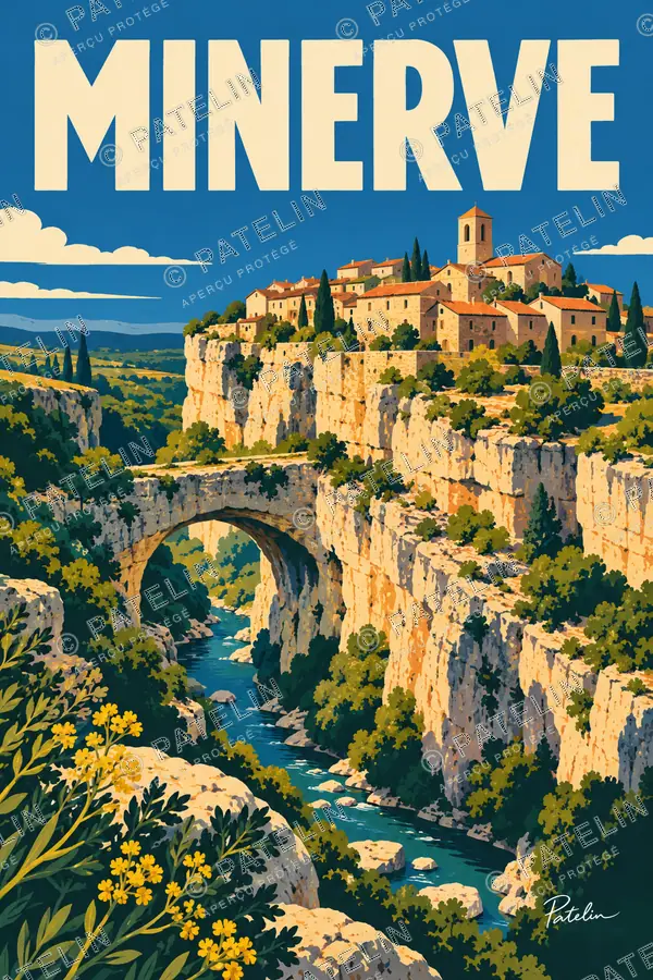 Illustration Minerve — Le village et le pont naturel, style Pop
