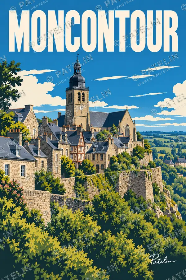 Illustration Moncontour — Le village derrière les remparts, style Pop