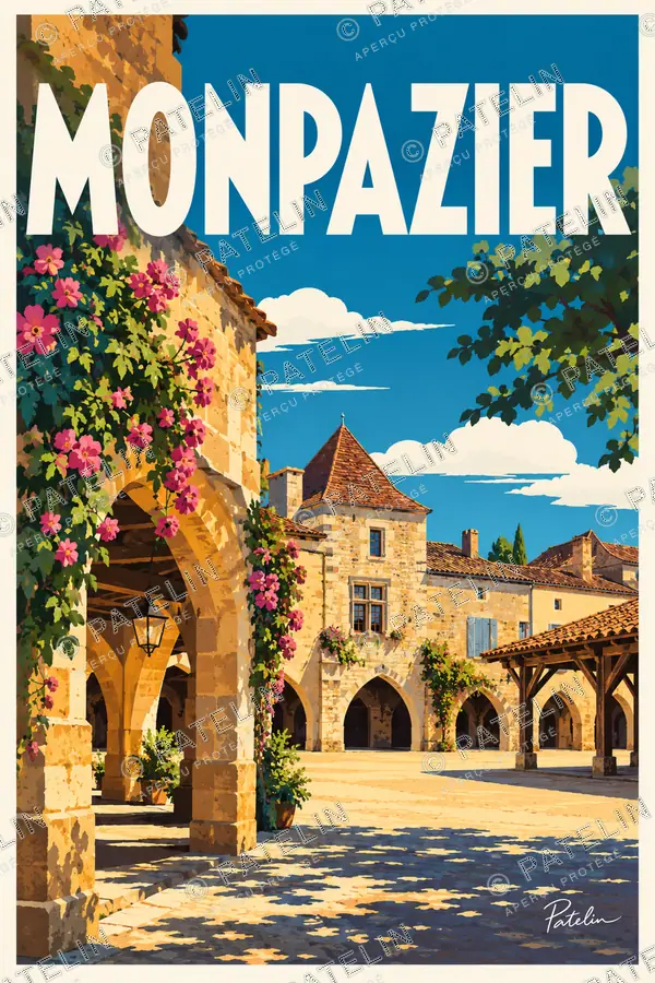 Illustration Monpazier — Les arcades fleuries, style Pop