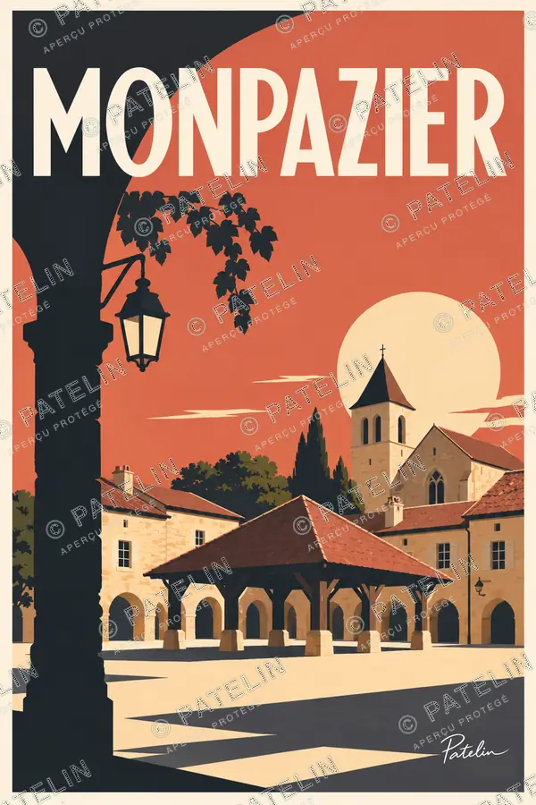 Illustration Monpazier — La halle au couchant, style Minimal