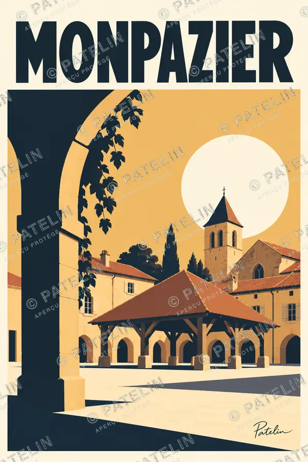 Illustration Monpazier — La halle et le clocher, style Minimal
