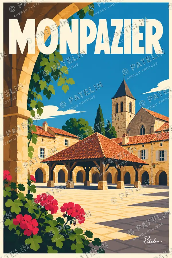Illustration Monpazier — La halle et le clocher, style Pop