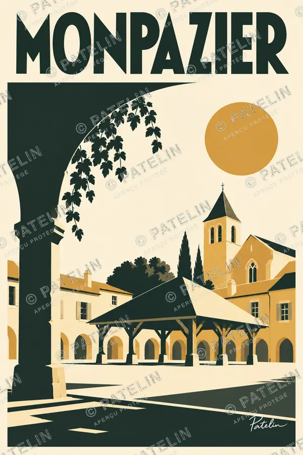 Illustration Monpazier — La halle et le clocher — autre vue, style Minimal