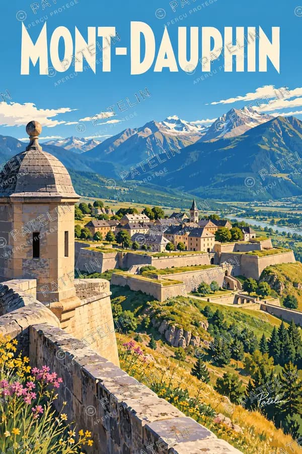 Illustration Mont-Dauphin — Les remparts face aux montagnes, style Pop