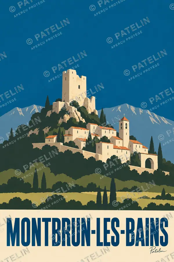 Illustration Montbrun-les-Bains — Les tours au-dessus du village, style Minimal