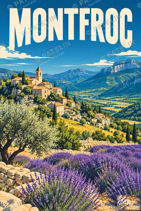 Illustration Montfroc — Le village et les lavandes, style Pop