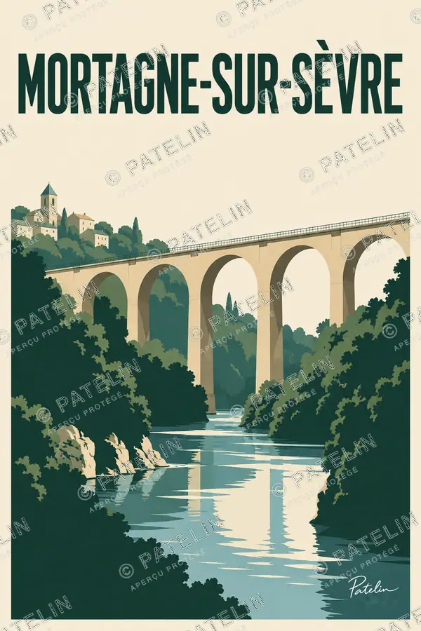 Illustration Mortagne-sur-Sèvre — Les arches et la rivière, style Minimal