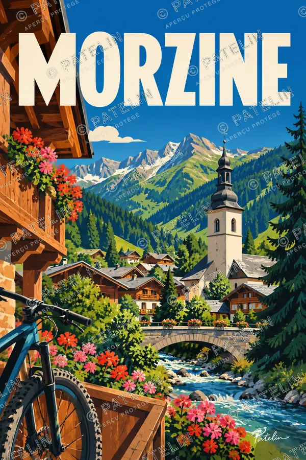 Illustration Morzine — Le village et le pont fleuri, style Pop