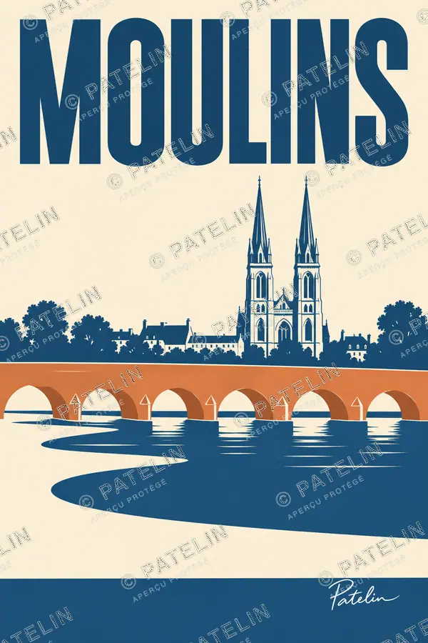 Illustration Moulins — Le pont et la cathédrale, style Minimal