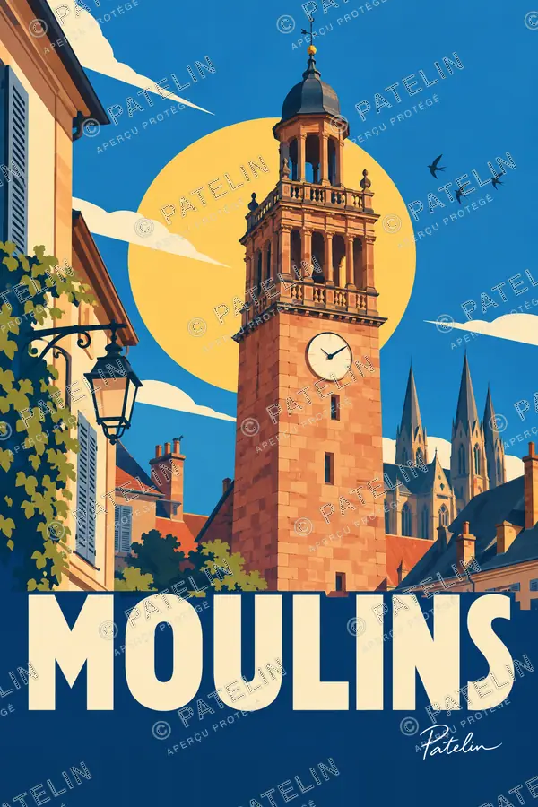 Illustration Moulins — Le Jacquemart et la cathédrale, style Pop