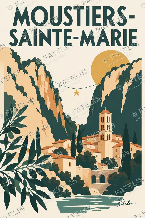 Illustration Moustiers-Sainte-Marie — Le village entre les rochers, style Minimal