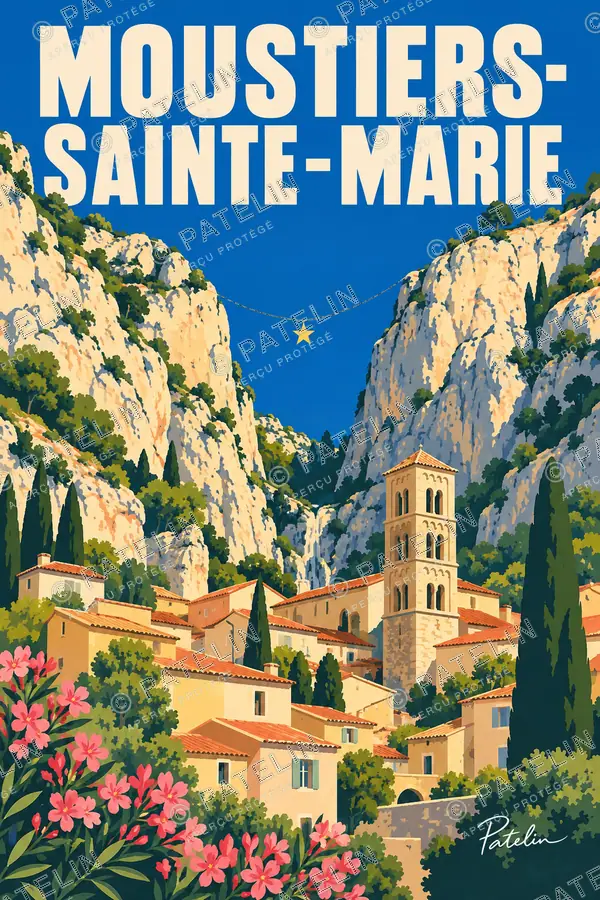 Illustration Moustiers-Sainte-Marie — Le village sous l’étoile, style Pop