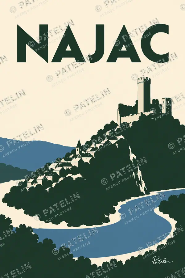 Illustration Najac — Le château et la rivière, style Minimal