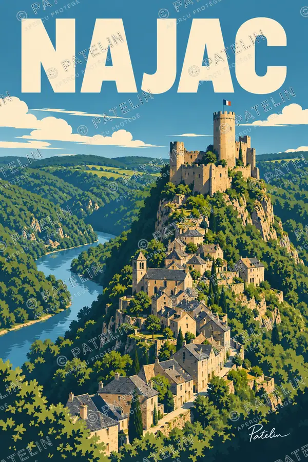 Najac — Le village sur la crête, illustration Pop