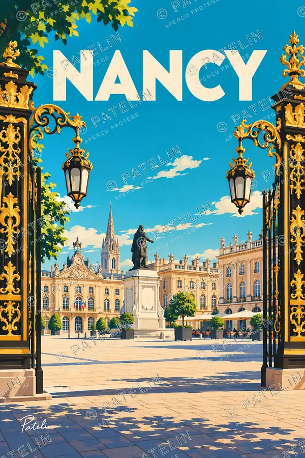 Illustration Nancy — La place Stanislas entre les grilles dorées, style Pop