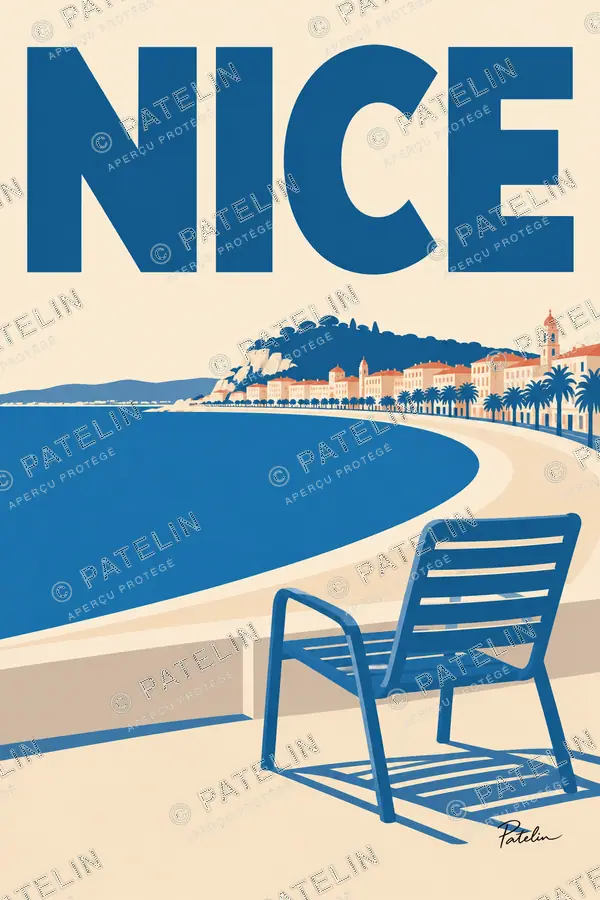 Illustration Nice — La chaise face à la baie, style Minimal