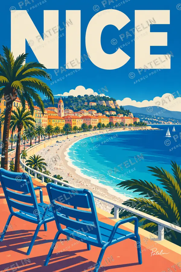 Illustration Nice — La baie et les chaises bleues, style Pop